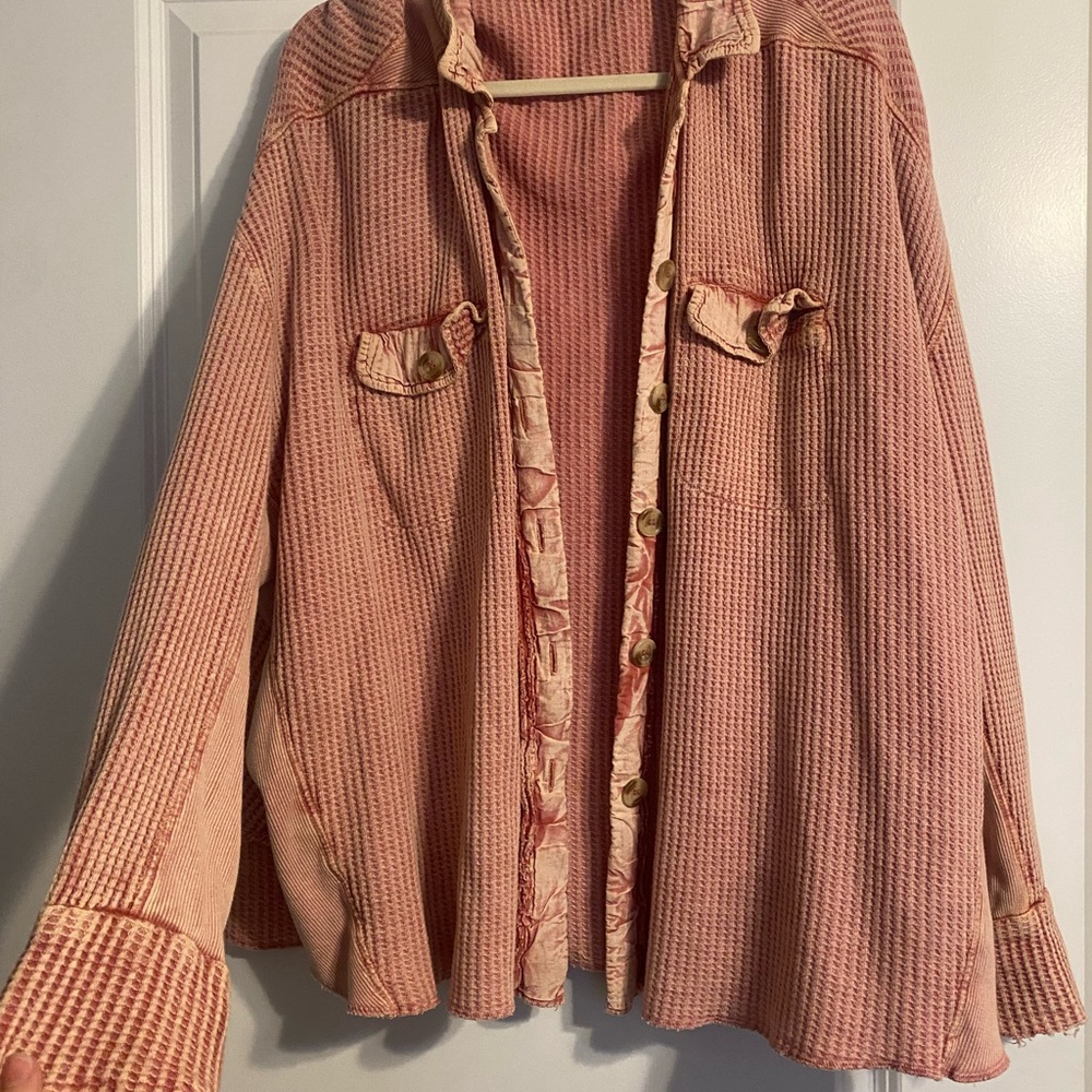 Free People Pink Waffle Knit Button-Up Shirt